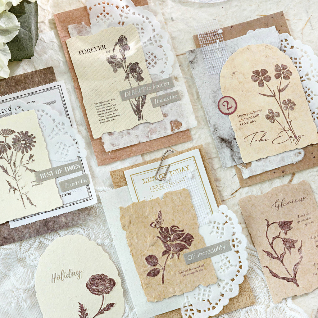 Warm beige botanical embossed paper stickers scattered layout vintage journal ephemera