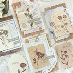 Warm beige botanical embossed paper stickers scattered layout vintage journal ephemera