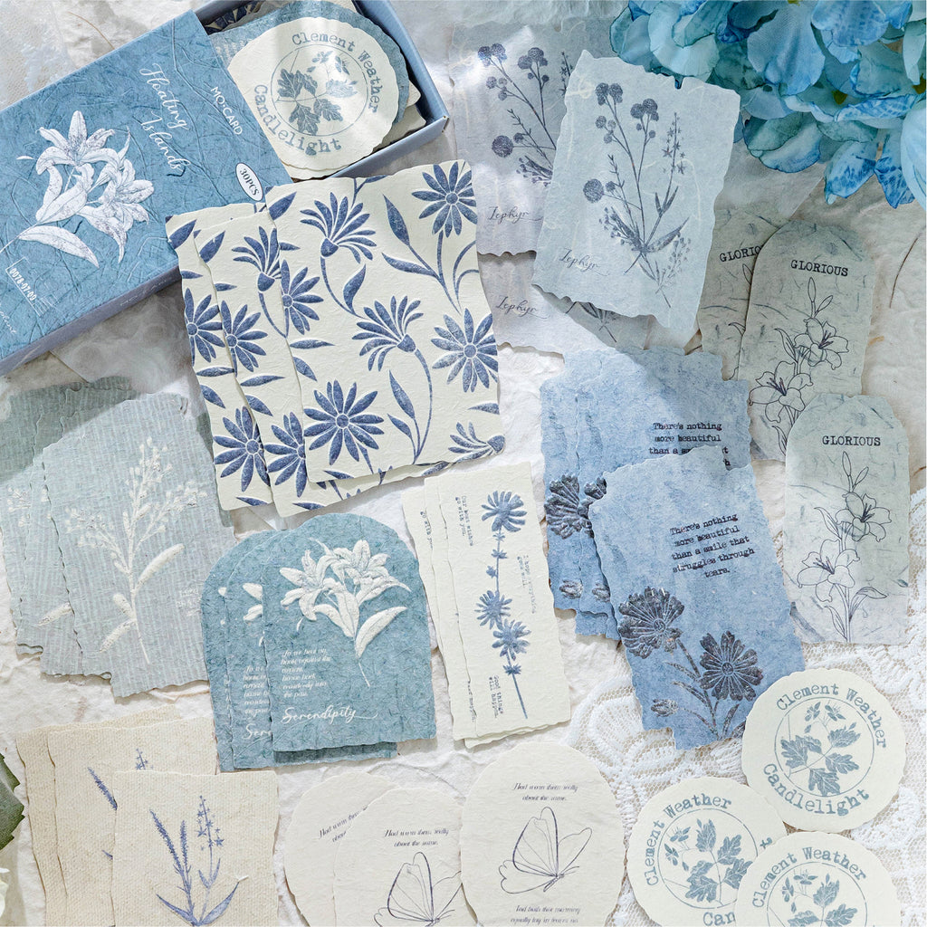 Blue embossed botanical paper stickers matchbox packaging vintage journal collage