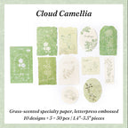 Grass-green embossed camellia botanical paper stickers with letterpress texture and grass-scented specialty paper for vintage journal layering