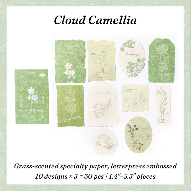 Grass-green embossed camellia botanical paper stickers with letterpress texture and grass-scented specialty paper for vintage journal layering
