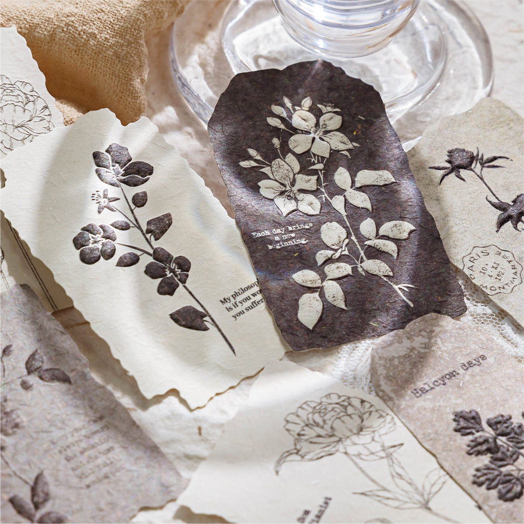 Deep brown coffee tone embossed botanical paper stickers vintage journal ephemera
