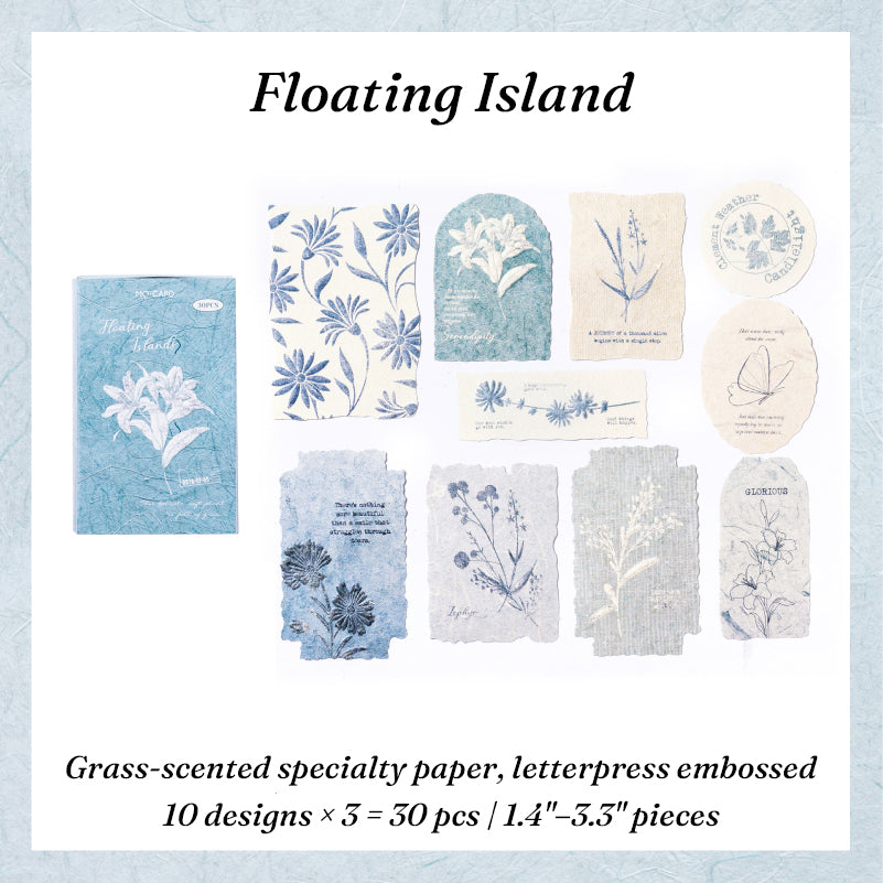 Mist-blue embossed botanical paper stickers with aquatic plant letterpress texture for vintage journal ephemera
