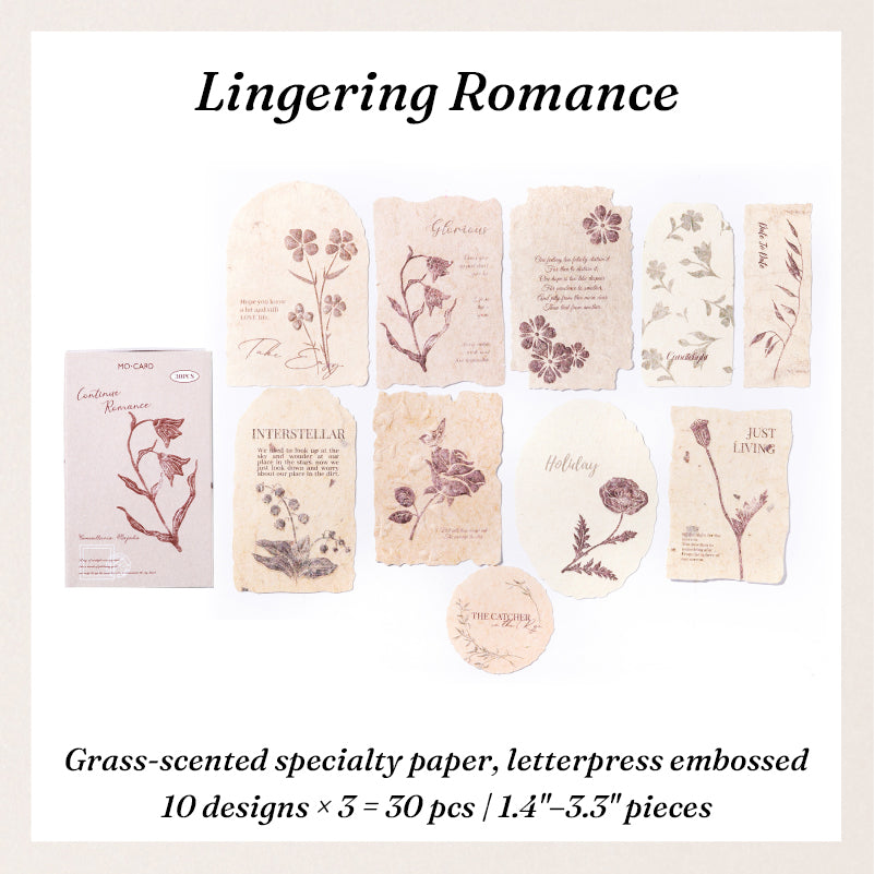 Deep rose embossed botanical paper stickers with romantic flower letterpress prints for journal embellishments