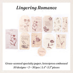 Deep rose embossed botanical paper stickers with romantic flower letterpress prints for journal embellishments