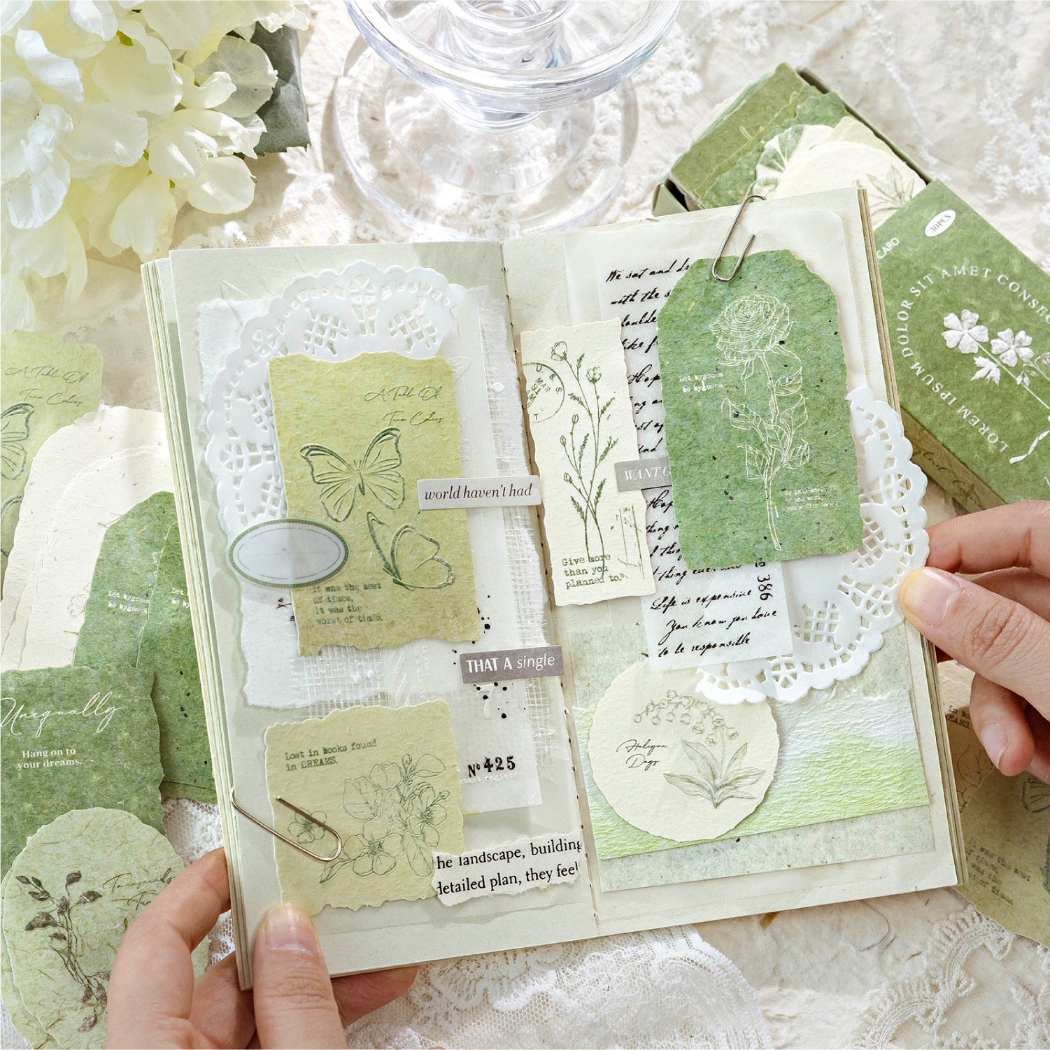 Mint green botanical embossed paper stickers vintage journal ephemera