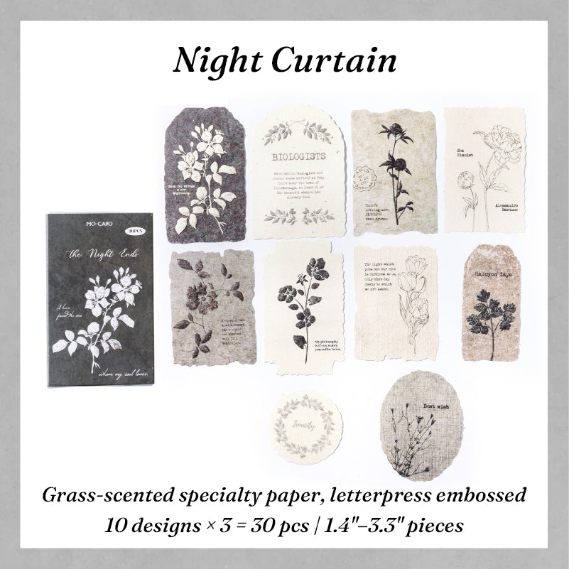 Noir embossed botanical paper stickers with white flower letterpress on dark specialty paper for dark academia spreads