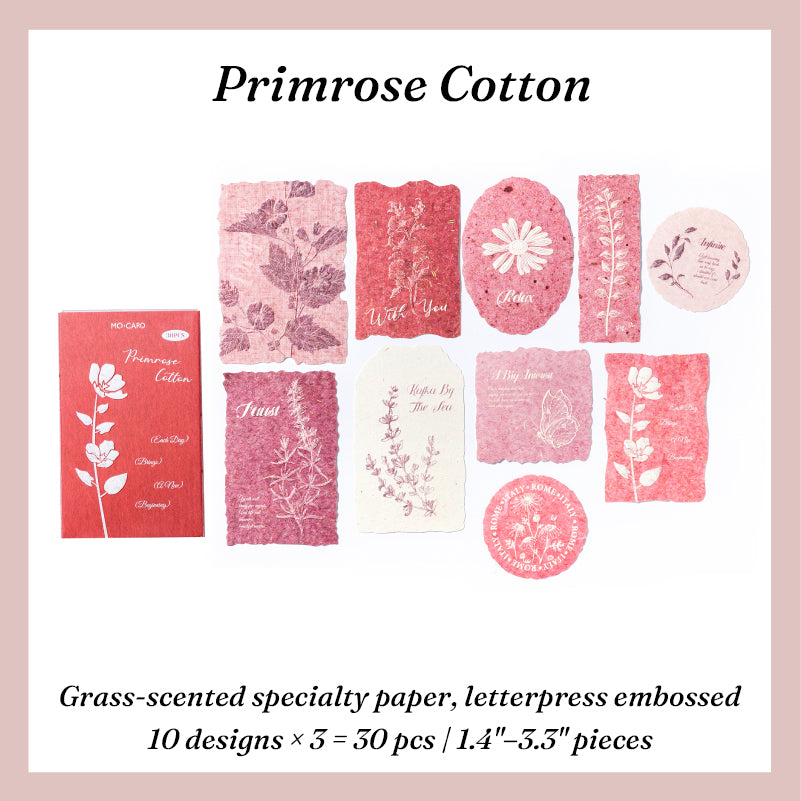 Crimson embossed botanical paper stickers with primrose and cotton letterpress texture for vintage journal collage