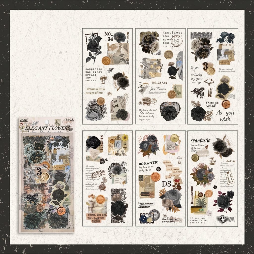 Two Falling Blossoms PET sticker sheets in a flat lay – vintage floral designs with irregular die-cut shapes