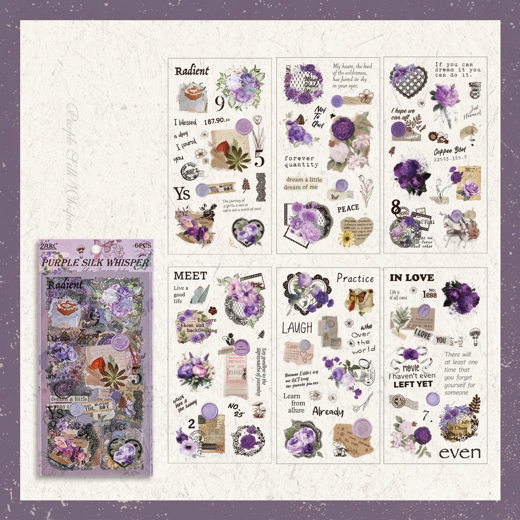 All 6 sheets of the Purple Whispers colorway with packaging – dusty purple floral and heart stickers on transparent PET