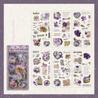 All 6 sheets of the Purple Whispers colorway with packaging – dusty purple floral and heart stickers on transparent PET