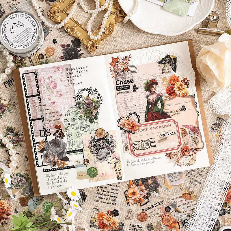 Vintage journal spread decorated with Falling Blossoms dusk-toned floral stickers – warm orange and brown colorway in use