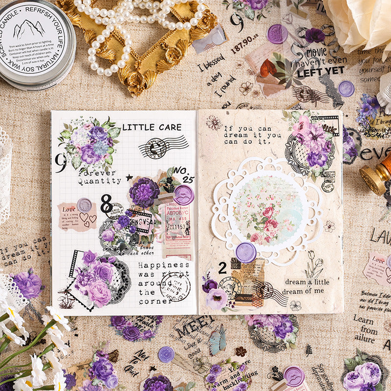 Journal page layered with Purple Whispers floral stickers – transparent waterproof PET over aged paper background