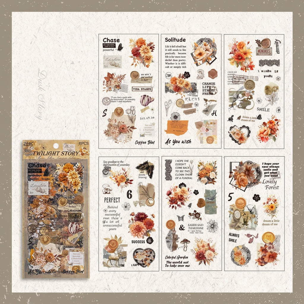 All 6 sheets of the Warm Florals colorway with packaging – orange and blush vintage floral stickers on waterproof PET