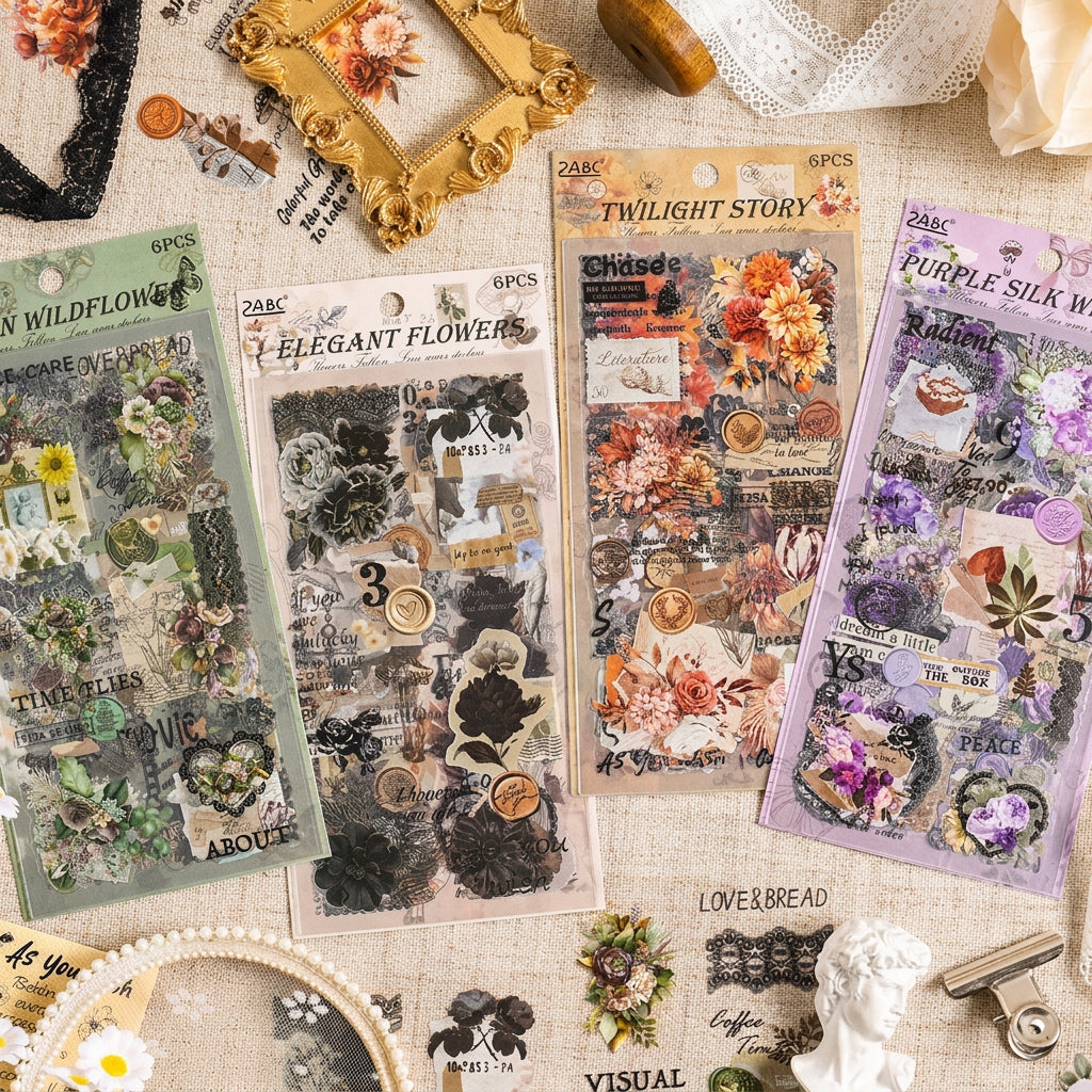 Falling Blossoms waterproof PET sticker sets in four colorways – Warm Florals, Dusk Whispers, Wildflower Meadow and Purple Whispers, 6 sheets each
