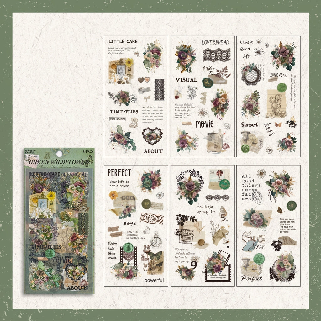All 6 sheets of the Wildflower Meadow colorway with packaging – sage green botanical stickers, die-cut and waterproof