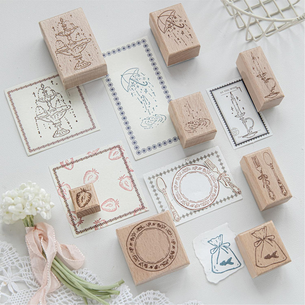 Floating Light Imprint beech wood stamp collection – 8 laser engraved designs with stamped impressions on paper