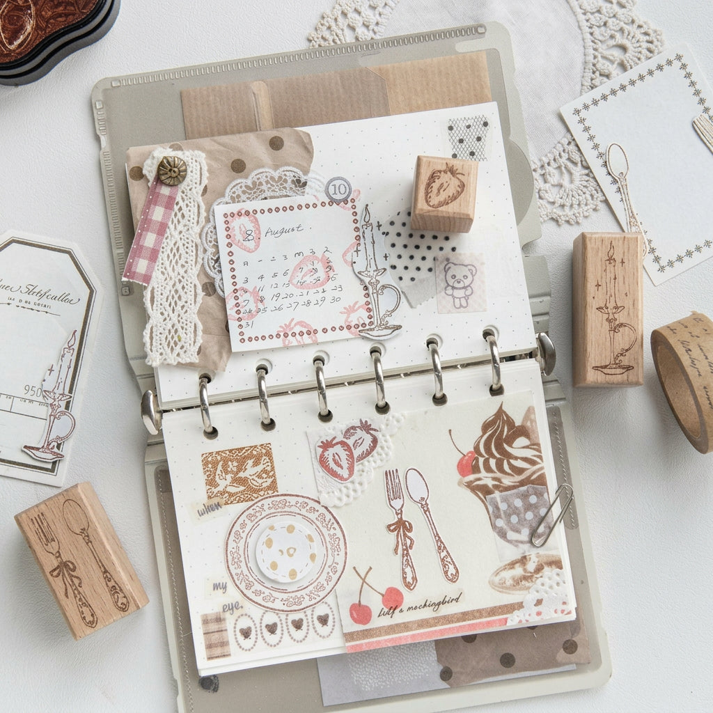 Journal spread decorated with Floating Light Imprint wood stamp impressions and washi tape