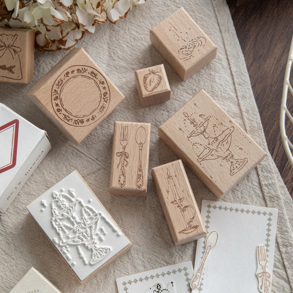 Beech wood stamps scattered on an open journal – Floating Light Imprint series journaling supplies