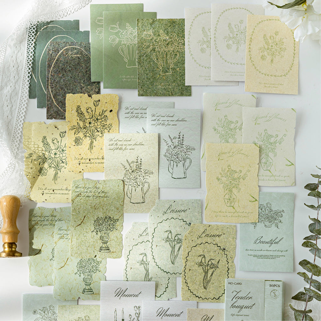 Green floral textured journal cards tender bouquet theme botanical sketches vase illustrations leaves