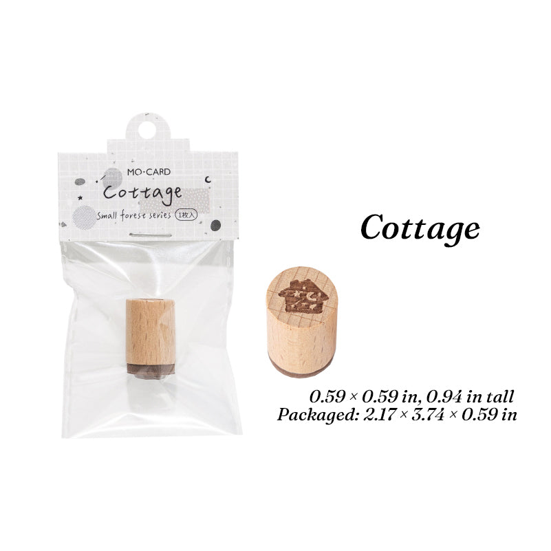 Cottage hand-drawn wooden stamp, beech wood handle with small house rubber face for forest journaling.