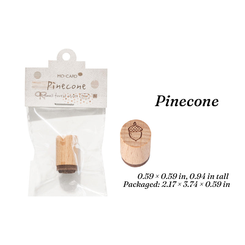 Pinecone hand-drawn wooden stamp, beech wood handle with acorn rubber face for autumn journaling spreads.