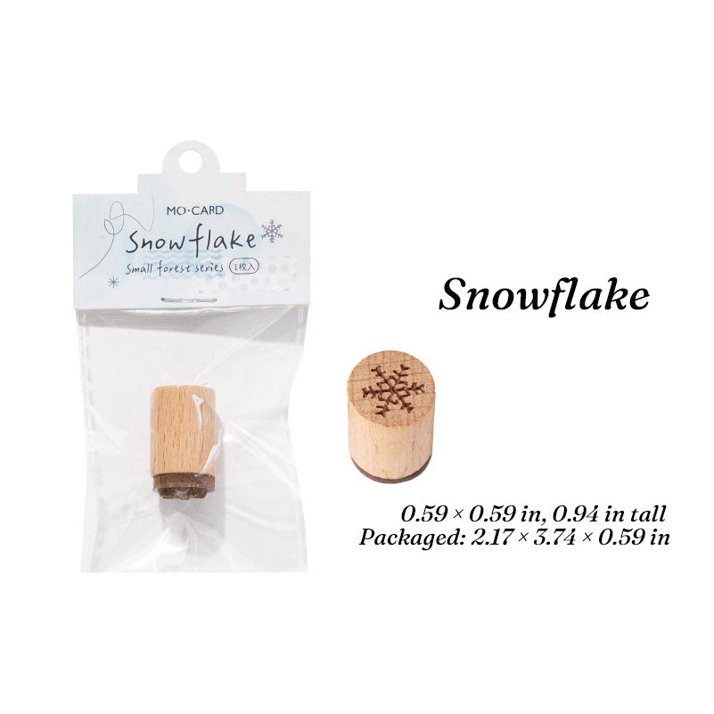Snowflake hand-drawn wooden stamp, beech wood handle with winter crystal rubber face for seasonal spreads.
