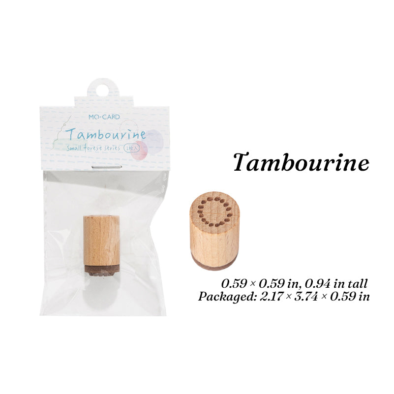 Tambourine hand-drawn wooden stamp, beech wood handle with drum rubber face for musical journaling spreads.