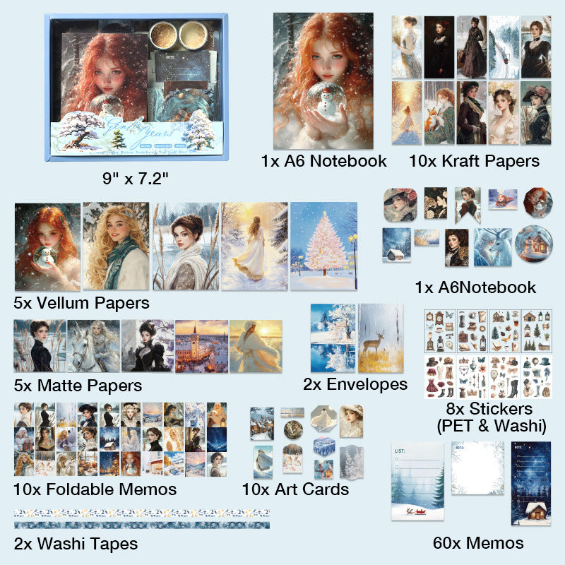 Gentle Years winter fairytale aesthetic journal box, a grey-blue Dark Academia themed kit with snowy landscapes and classical portrait art.