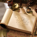 Open leather sketchbook with handwritten journal entry and brass compass