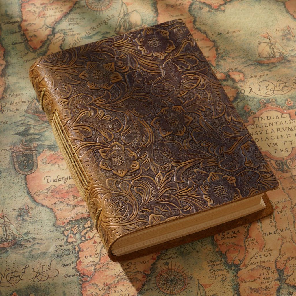Aged crazy horse leather cover showing natural patina and scratches