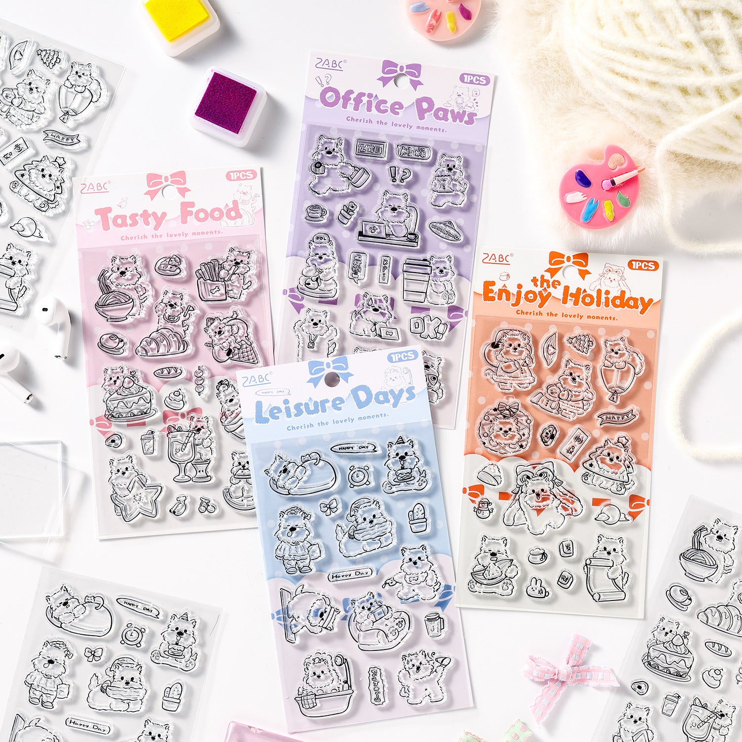 Cute dog clear silicone stamps four themed designs food office holiday leisure journal spreads