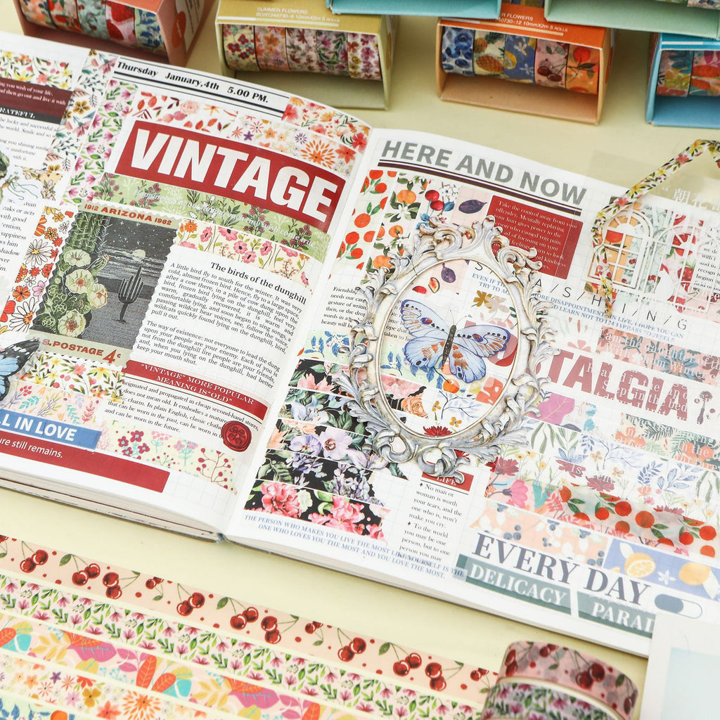 A beautifully decorated junk journal spread created using Summer Flowers botanical washi tape. Features layered floral borders, vintage typography, and a butterfly focal piece.