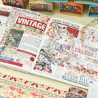 A beautifully decorated junk journal spread created using Summer Flowers botanical washi tape. Features layered floral borders, vintage typography, and a butterfly focal piece.
