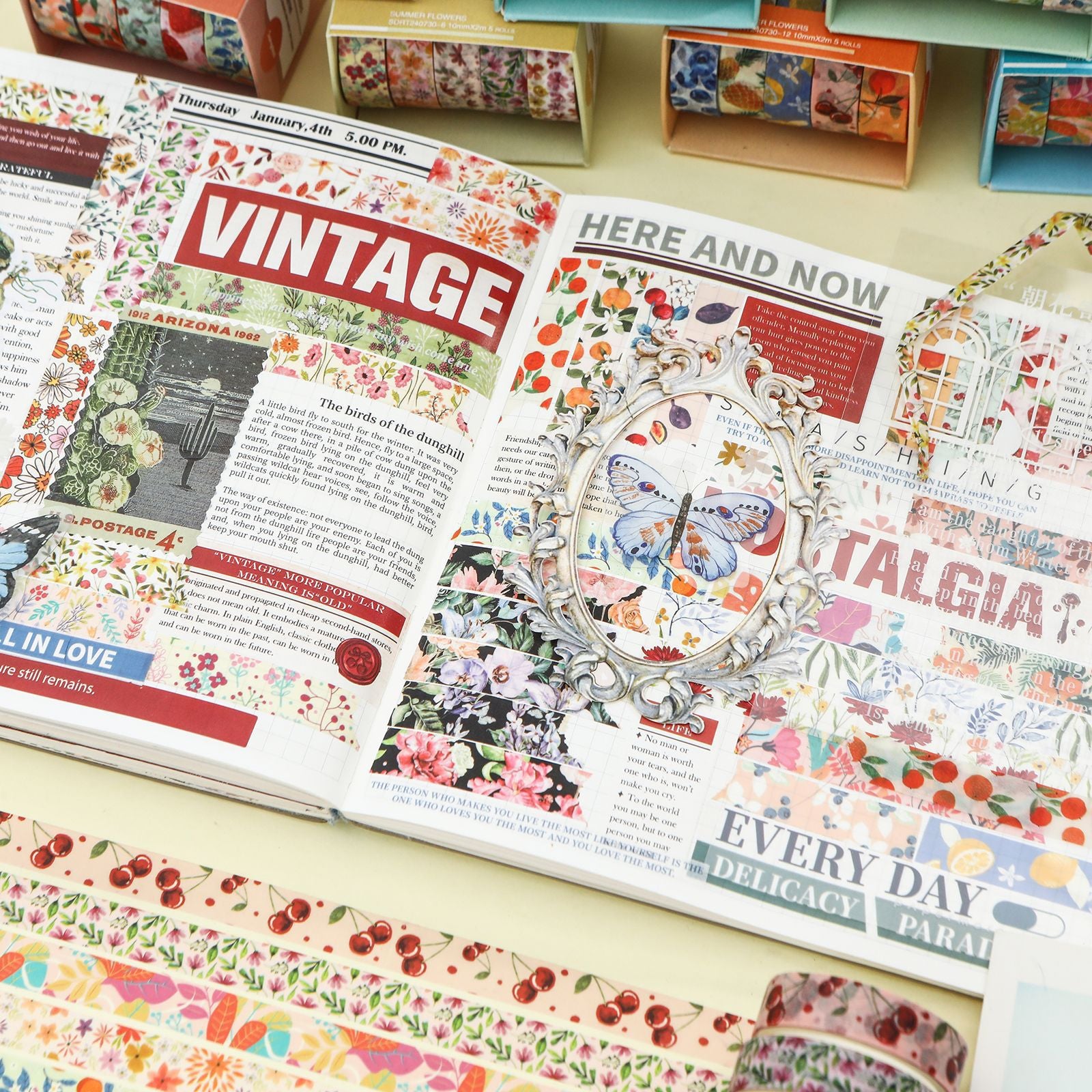 A beautifully decorated junk journal spread created using Summer Flowers botanical washi tape. Features layered floral borders, vintage typography, and a butterfly focal piece.