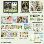 Light Morning Spring Cottagecore aesthetic journal gift box, a green kit featuring daisy prints, vellum papers, and botanical stickers for junk journaling.