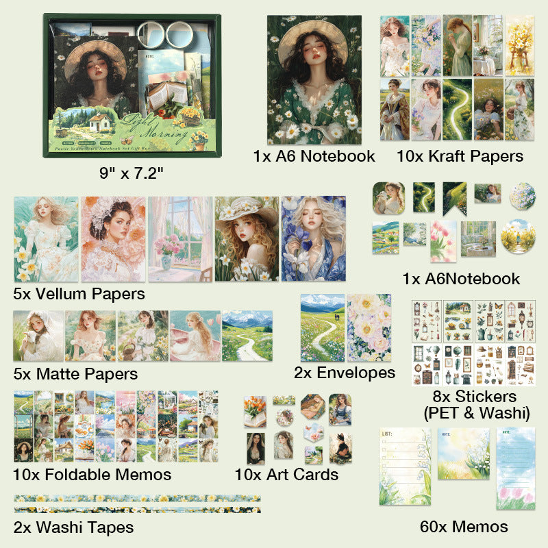 Light Morning Spring Cottagecore aesthetic journal gift box, a green kit featuring daisy prints, vellum papers, and botanical stickers for junk journaling.