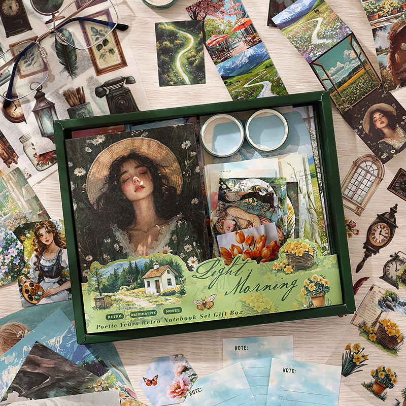 Full contents spread of the Light Morning green aesthetic journal kit, ideal for Spring cottagecore and nature-themed junk journals.