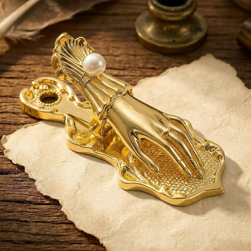 A luminous gold Victorian Lady's Hand metal journal clip clamping aged paper with typed text, on a soft blurred background of vintage ephemera.