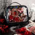 Gothic and romantic Ita bag decoration using the Midnight Rose mixed media kit. The clear window is styled with dark red 3D roses, white lace paper, a baroque laser-cut frame, anime pins, and holographic butterflies.