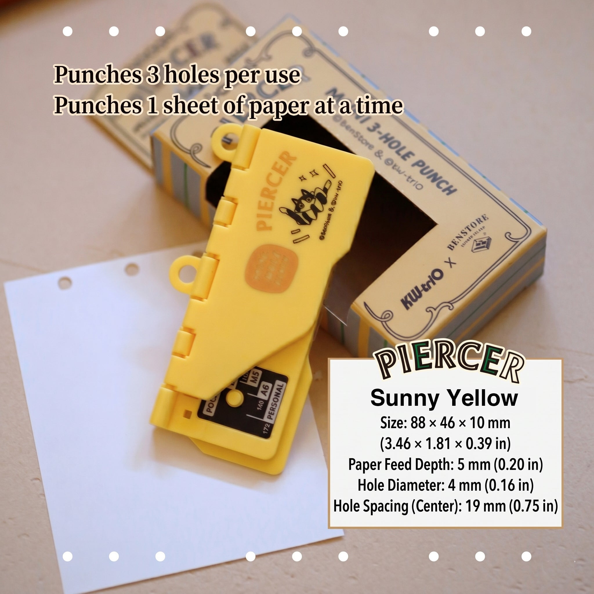 Sunny yellow portable 6-hole planner punch, compact plastic body with metal punch pins for A5 A6.