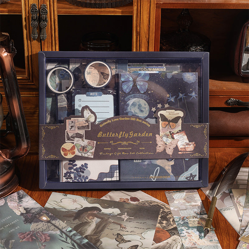 Mystic Butterfly vintage aesthetic scrapbook and journal gift box, featuring blue night sky and celestial ephemera for junk journaling.