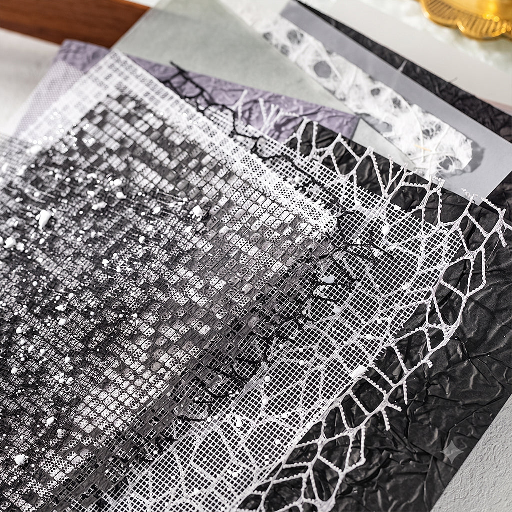 Black sequin grid and fishnet overlay textured papers for dark academia journal spreads