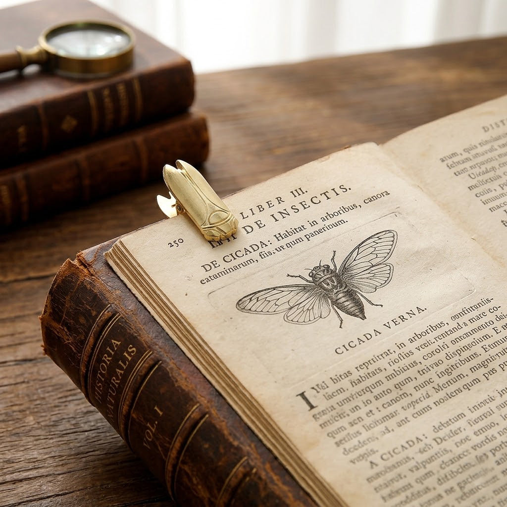 A detailed vintage metal journal clip sculpted like a cicada holds open an antique book displaying a large, classic scientific illustration of a cicada (Cicada Verna). The scene is styled on dark wood with a brass magnifying glass and leather-bound books, creating a perfect dark academia aesthetic.