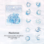 Maelstrom water vortex blue ocean wave PET transparent stickers with gold foil accents for journaling