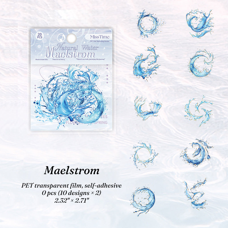 Maelstrom water vortex blue ocean wave PET transparent stickers with gold foil accents for journaling
