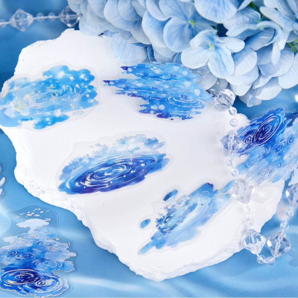 Ripple Story single pack blue water ripple PET stickers with gold foil on light blue background