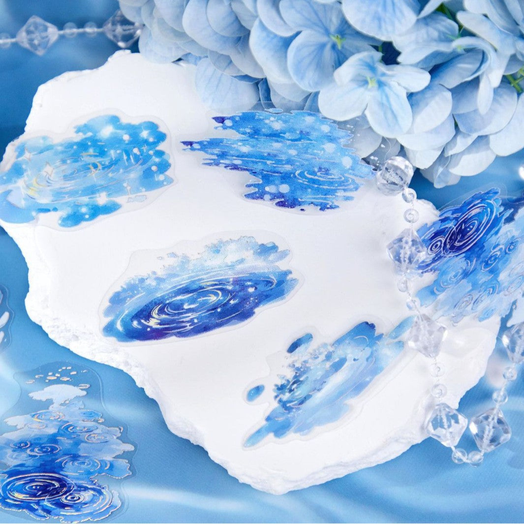 Ripple Story single pack blue water ripple PET stickers with gold foil on light blue background