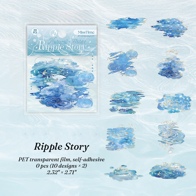 Ripple Story blue water ripple PET transparent stickers with gold foil accents for journal layering