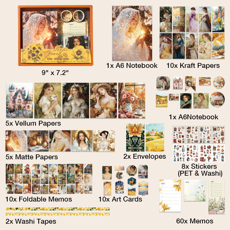 Poetic Years golden autumn aesthetic journal kit, featuring classical oil painting art, sunflower prints, and vintage papers in an orange gift box.
